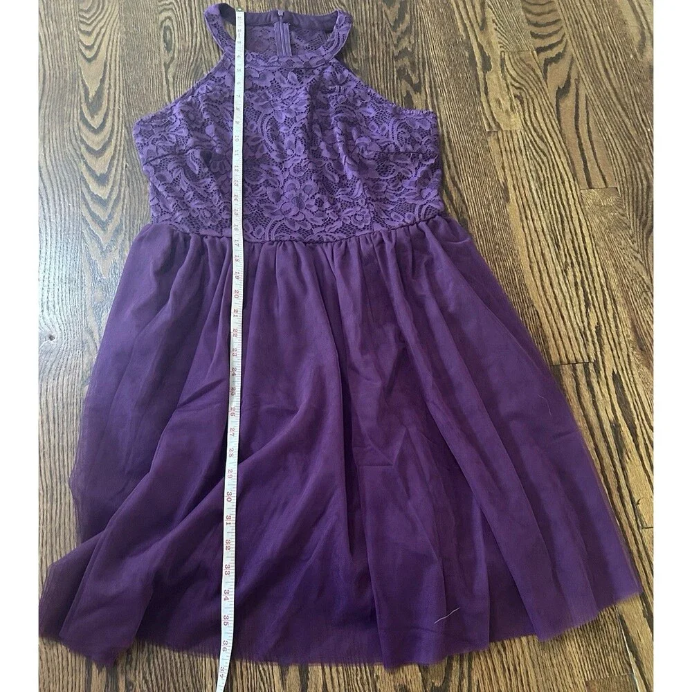 Zapaka Purple Halter Lace Floral Mini Dress Lined Zipper Size XL Party Formal - Picture 5 of 7